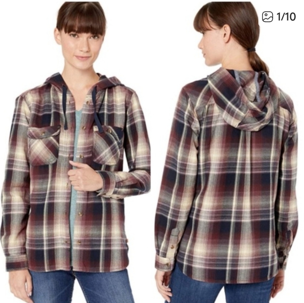 Carhartt Women's Plaid Hooded Flannel Shirt Jacket in Burgundy, Navy & Cream